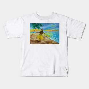 Hula Girl on the Beach Sunset Kids T-Shirt